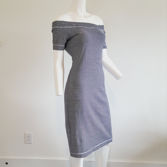 H&M Dresses & Skirts - H&M Striped Off The Shoulder Bodycon Knee Length Dress Navy Blue White Sz M